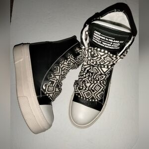 Cristianzerotre (Size 39) Black & Cream Leather Aztec Lace-up High-Top Sneakers